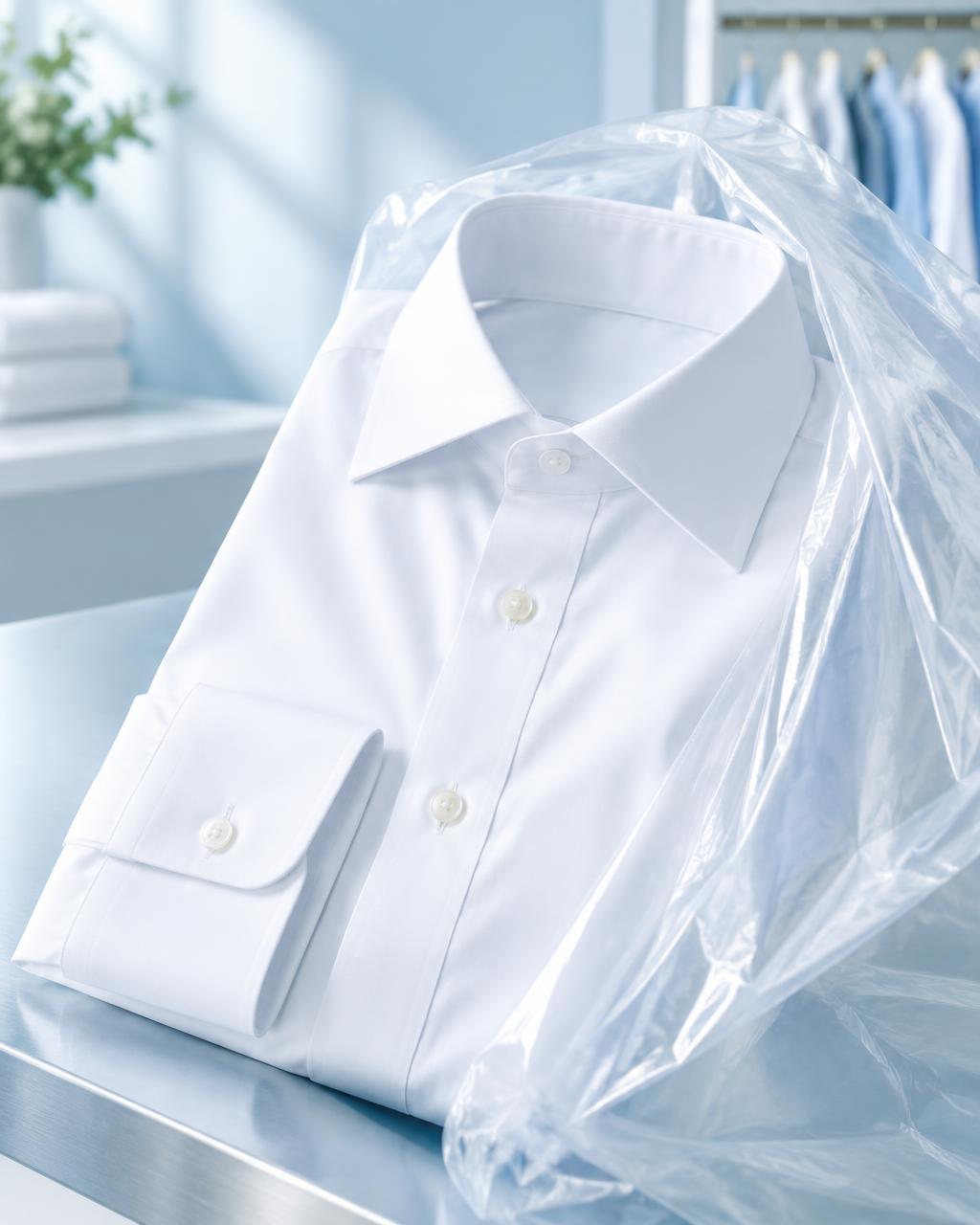 Freshly dry-cleaned white shirt in protective wrapping
