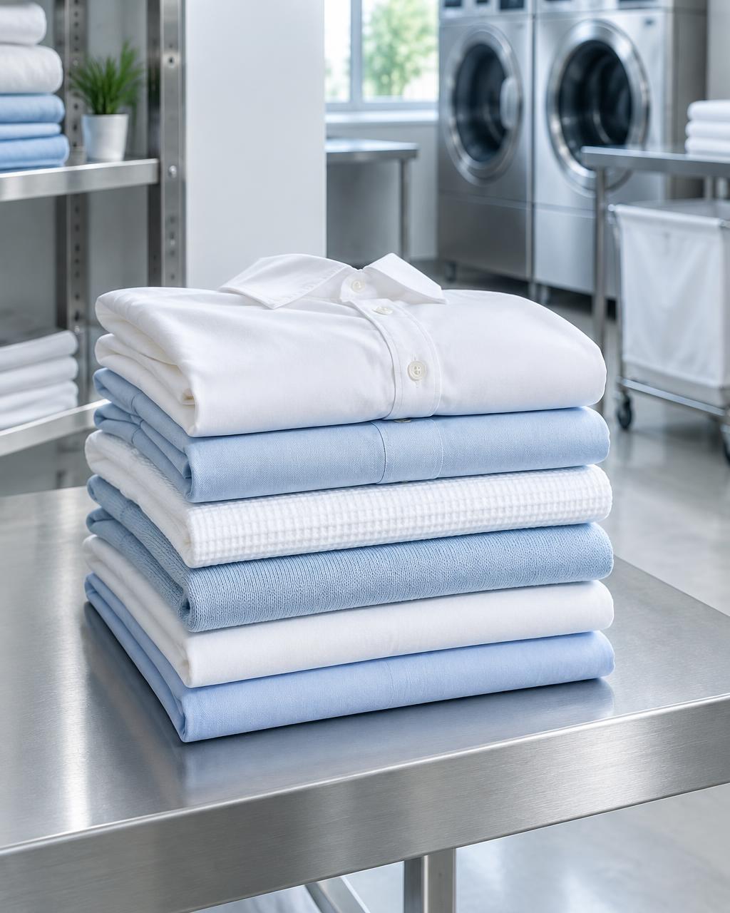 Neatly folded stack of fresh white and blue laundry