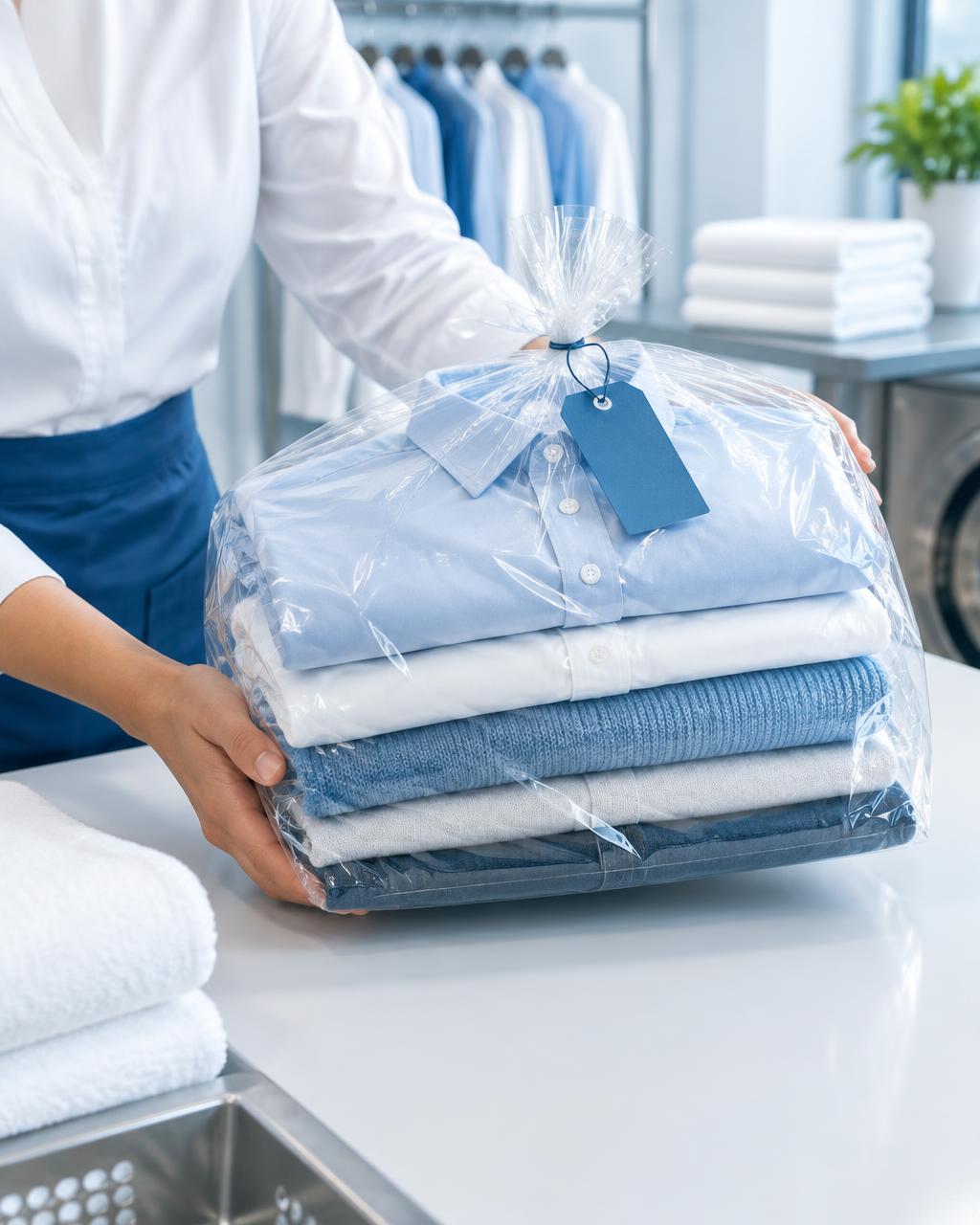 Neatly packaged bundle of freshly cleaned clothes
